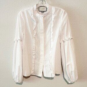 Alexis White Long Balloon Sleeves Button Front Swiss Dot Blouse